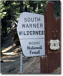 Entrance sign to South Warner Wilderness near Clear Lake.